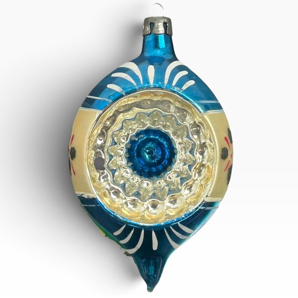 Vintage Teardrop Indent Reflector Glass Christmas Ornament Poland Blue 3.5in